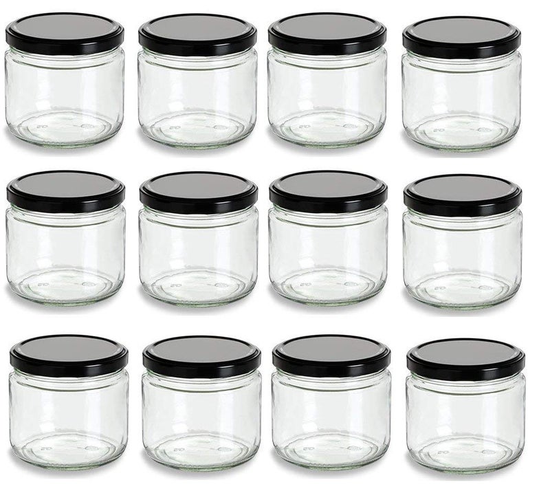 Nakpunar 12 oz Wide Mouth Glass Jars with Black Lids -Set of 12 - Salsa style (12, Black) - Image 1
